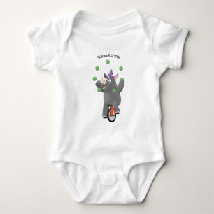 Funny cute rhino juggling on unicycle baby bodysuit