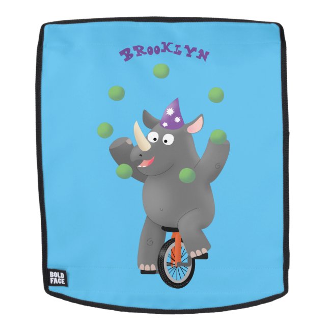 Funny cute rhino juggling on unicycle backpack (Removable Face)