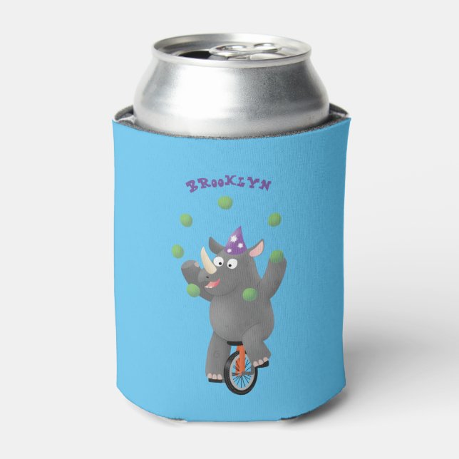 Funny cute rhino juggling on unicycle can cooler (Can Front)