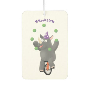Funny cute rhino juggling on unicycle car air freshener