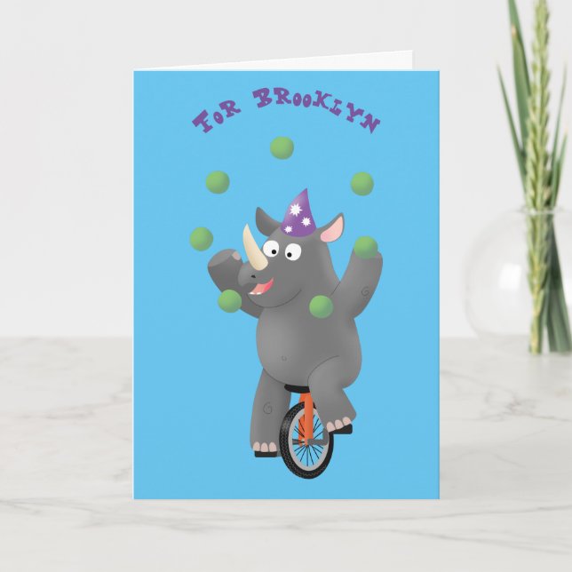 Funny cute rhino juggling on unicycle card (Front)