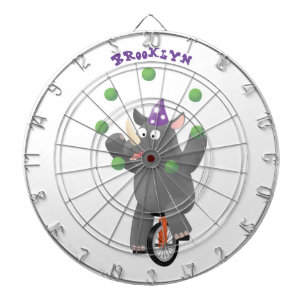 Funny cute rhino juggling on unicycle dartboard