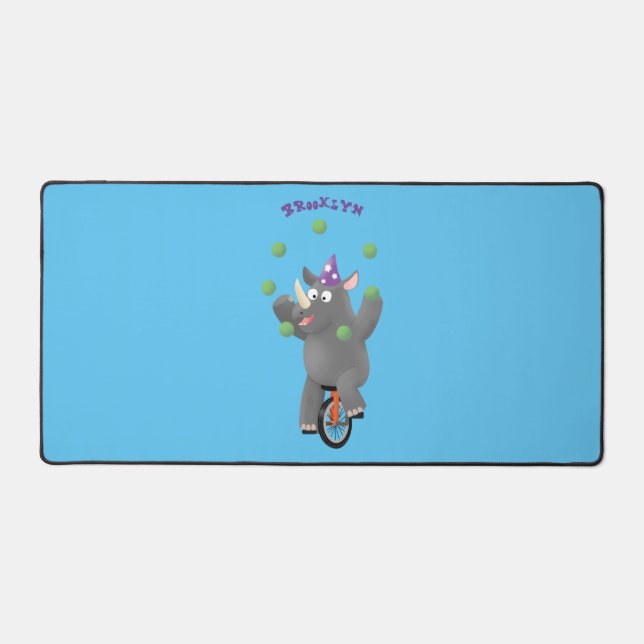 Funny cute rhino juggling on unicycle desk mat (Front)