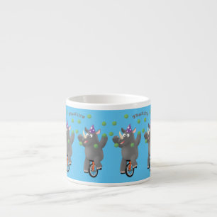 Funny cute rhino juggling on unicycle espresso cup