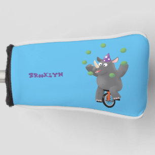 Funny cute rhino juggling on unicycle golf head cover