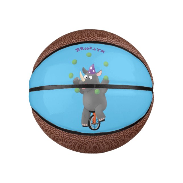 Funny cute rhino juggling on unicycle mini basketball (Front)