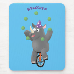 Funny cute rhino juggling on unicycle mouse pad
