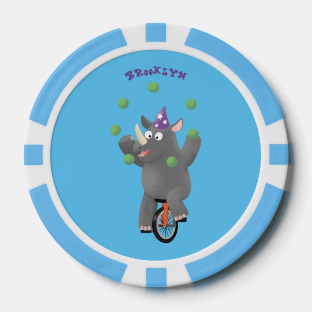 Funny cute rhino juggling on unicycle poker chips (Front)