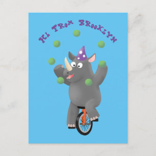 Funny cute rhino juggling on unicycle  postcard