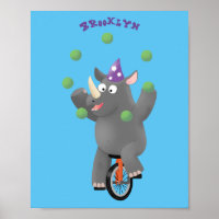 Funny cute rhino juggling on unicycle