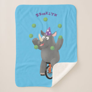 Funny cute rhino juggling on unicycle sherpa blanket