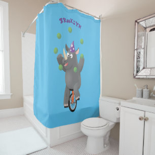 Funny cute rhino juggling on unicycle shower curtain