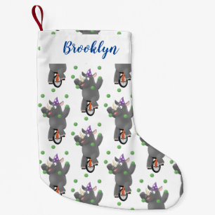 Funny cute rhino juggling on unicycle small christmas stocking