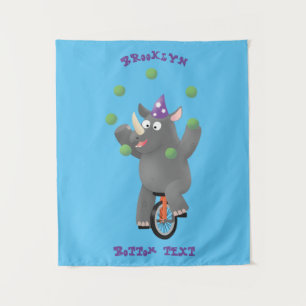 Funny cute rhino juggling on unicycle tapestry