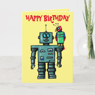 Funny cute robot and parrot happy birthday card