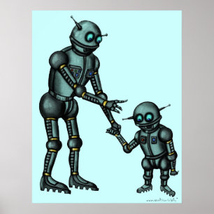 Funny cute robot and robot baby art poster