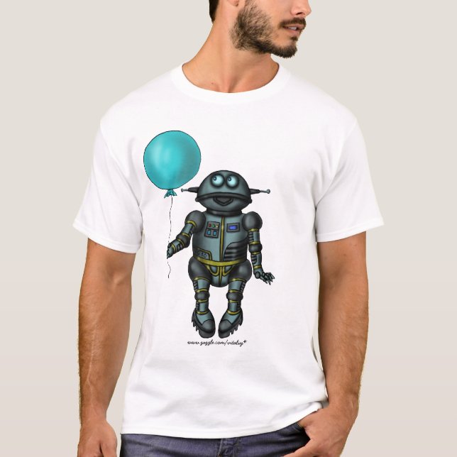 Funny cute robot with balloon t-shirt design (Front)