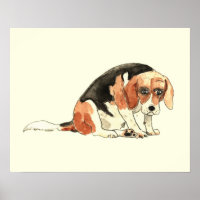 Funny Cute Sad Beagle Dog Watercolour Painting