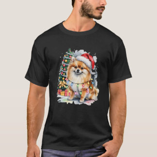 Funny Cute Santa Pomeranian Dog Tangled in Christm T-Shirt