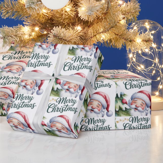 Funny Cute Santa with Tree and Typography Wrapping Paper (Holidays)