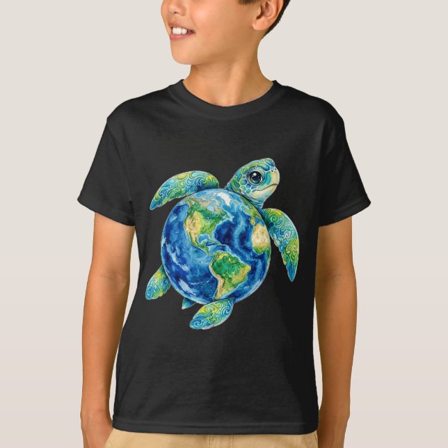 Funny Cute Sea Turtle Holding Earth Ocean Wildlife T-Shirt (Front)