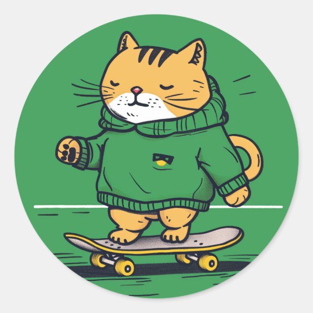 Funny Cute Skate Cat On Skateboard Classic Round Sticker (Front)