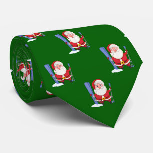 Funny Cute Skiing Santa Christmas Green Tie