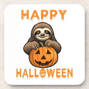 Funny Cute Sloth Holding Pumpkin Coaster