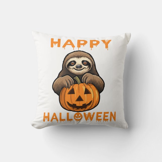 Funny Cute Sloth Holding Pumpkin Cushion (Front)