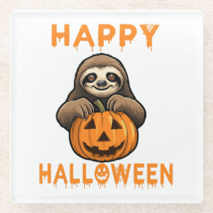 Funny Cute Sloth Holding Pumpkin Glass Coaster