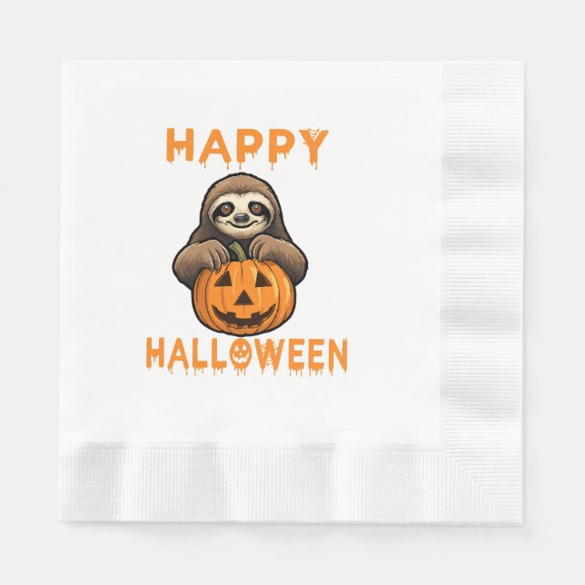 Funny Cute Sloth Holding Pumpkin Napkin (Front)