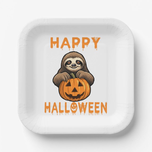 Funny Cute Sloth Holding Pumpkin Paper Plate (Front)
