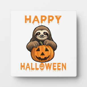 Funny Cute Sloth Holding Pumpkin Plaque