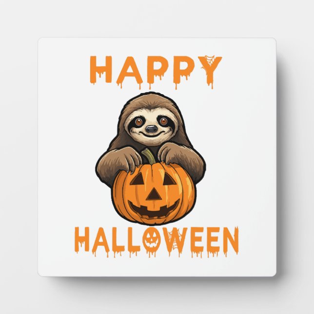 Funny Cute Sloth Holding Pumpkin Plaque (Front)