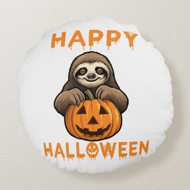 Funny Cute Sloth Holding Pumpkin Round Cushion (Back)