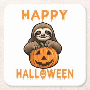 Funny Cute Sloth Holding Pumpkin Square Paper Coaster