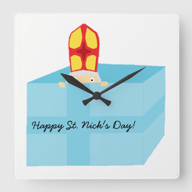 Funny Cute St. Nicholas Dutch Sinterklaas Kids Art Square Wall Clock (Front)