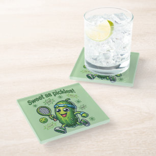 Funny Cute Sweet as Pickles Pickleball Glass Coaster