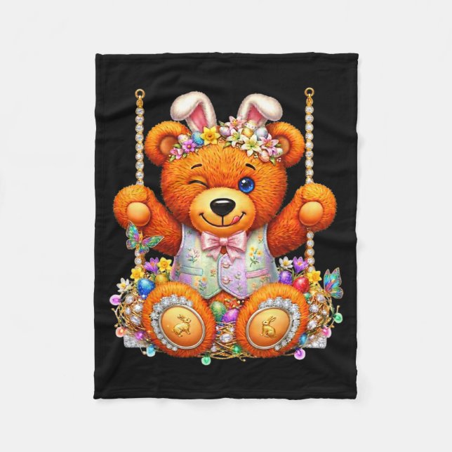 Funny cute teddy bear winking eyes easter basket  fleece blanket (Front)
