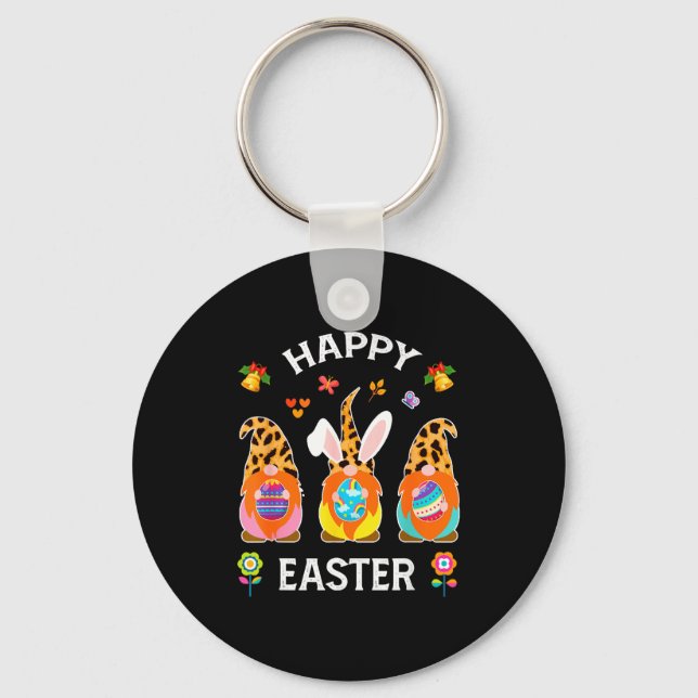 Funny cute three gnomes bunny holding egg happy key ring (Front)