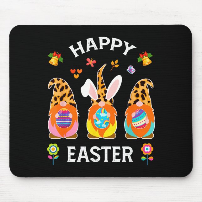 Funny cute three gnomes bunny holding egg happy mouse pad (Front)