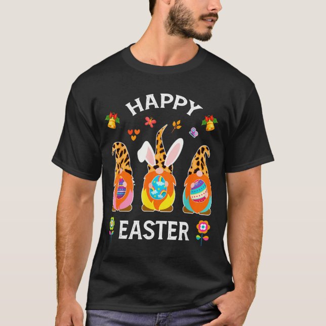 Funny cute three gnomes bunny holding egg happy T-Shirt (Front)