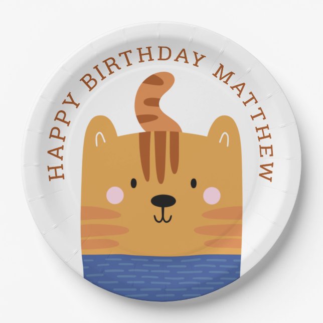 Funny cute tiger. Kids zoo safari animal birthday Paper Plate (Front)