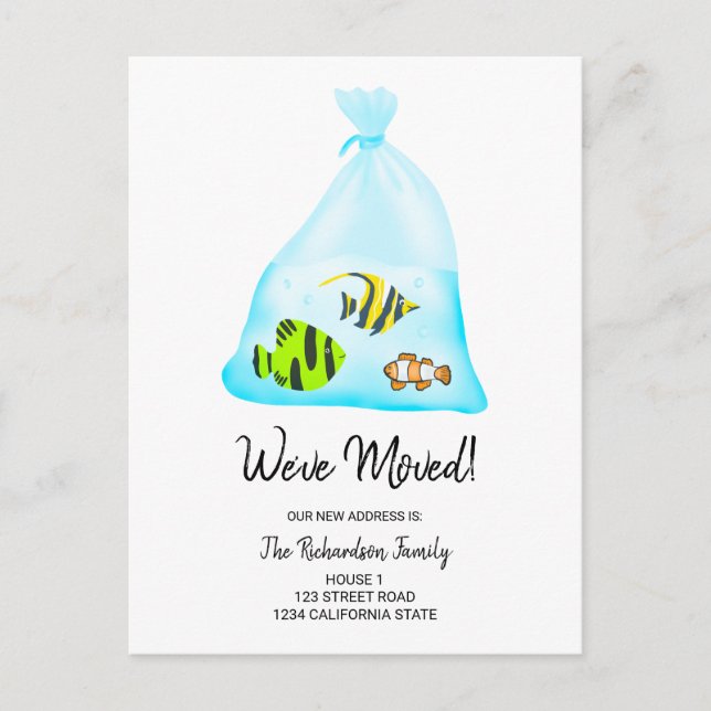 Funny cute tropical fishes illustration moving announcement postcard (Front)