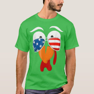 Funny Cute Turkey Face Thanksgiving American Flag  T-Shirt