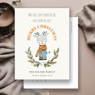 Funny Cute Ugly Sweater Leafy Reindeer Christmas Holiday Postcard