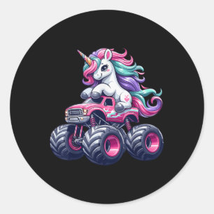 Funny Cute Unicorn Riding A Pink Monster Truck Gir Classic Round Sticker