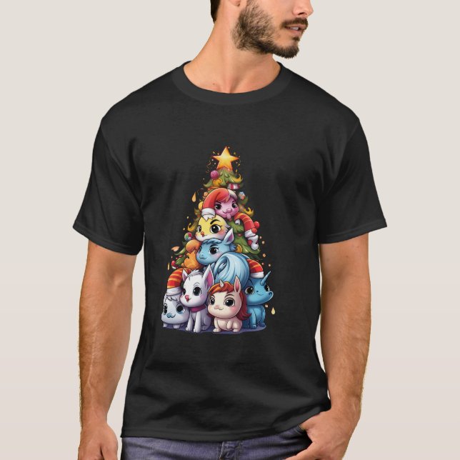 Funny Cute Unicorns Wearing Santa Hat Christmas Tr T-Shirt (Front)