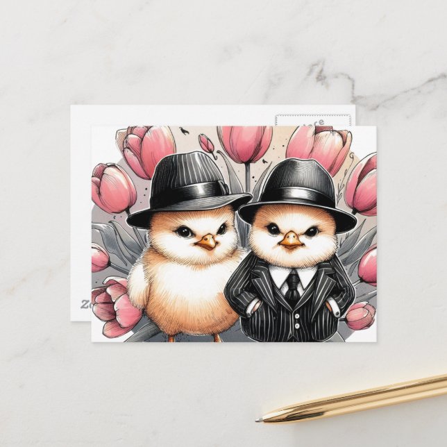 Funny Cute Vintage Easter Chicks Pink Tulips Postcard (Front/Back In Situ)