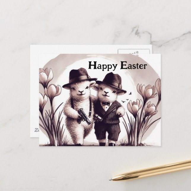 Funny Cute Vintage Gangster Easter Sheep Postcard (Front/Back In Situ)